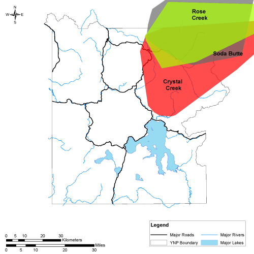 1995 range map for Yellowstone National Park's wolf packs